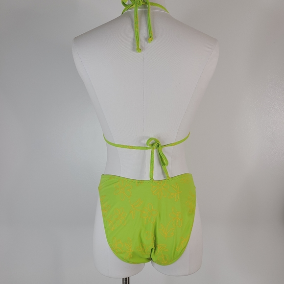 90s Y2K Vintage Neon Green Triangle Floral High Thigh Bikini Swim Suit - Picture 6 of 12